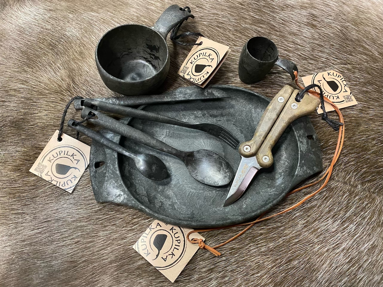Набор туристической посуды с финским складным ножом Kupilka Platinum Wood Box для похода, бушкрафта, охоты, рыбалки