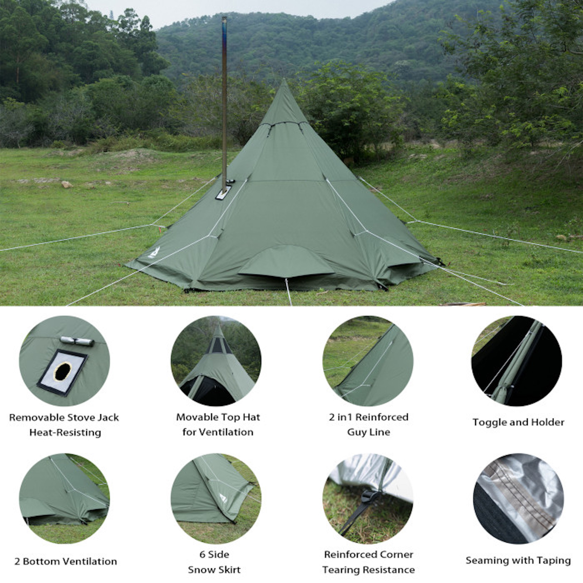 Универсальная всесезонная палатка Pomoly Manta Тipi Wood Stove Tent, Greent  с печкой для похода, туризма, путешествий купить в MyBiggame