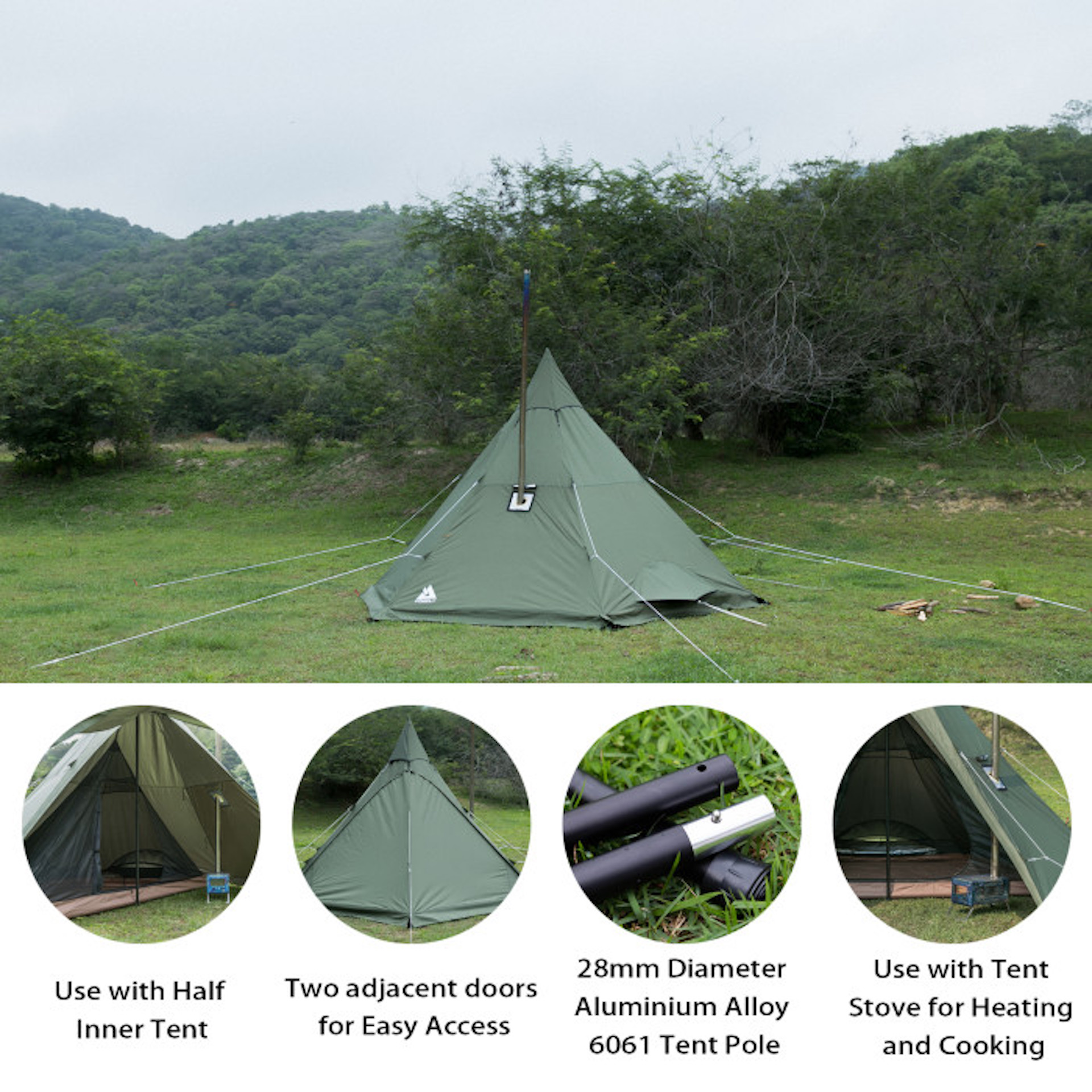 Универсальная всесезонная палатка Pomoly Manta Тipi Wood Stove Tent, Greent  с печкой для похода, туризма, путешествий купить в MyBiggame